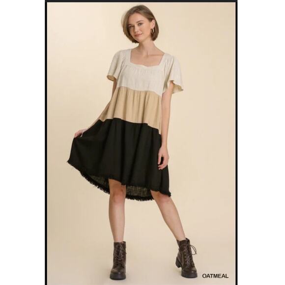 Umgee Linen Blend Tier Color Block Dress S - Picture 1 of 5